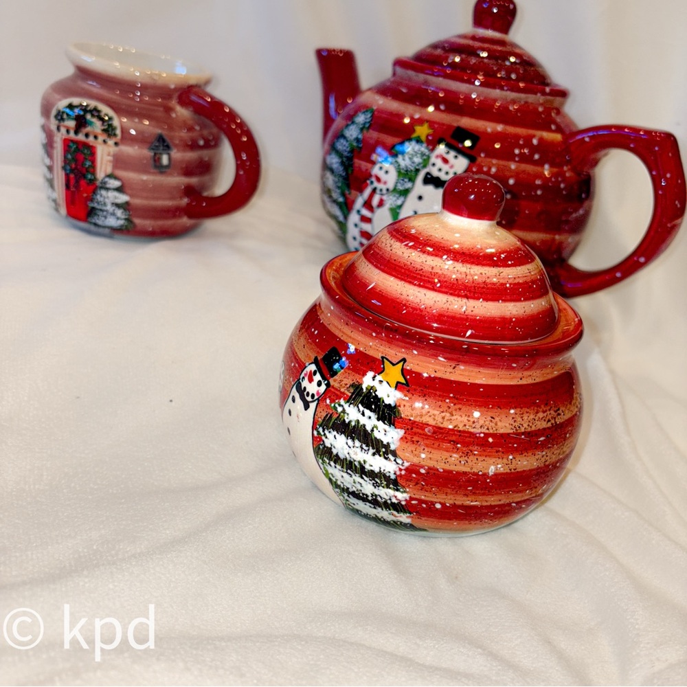 Vintage ND Hand Painted Christmas Teapot, Creamer & Sugar Bowl